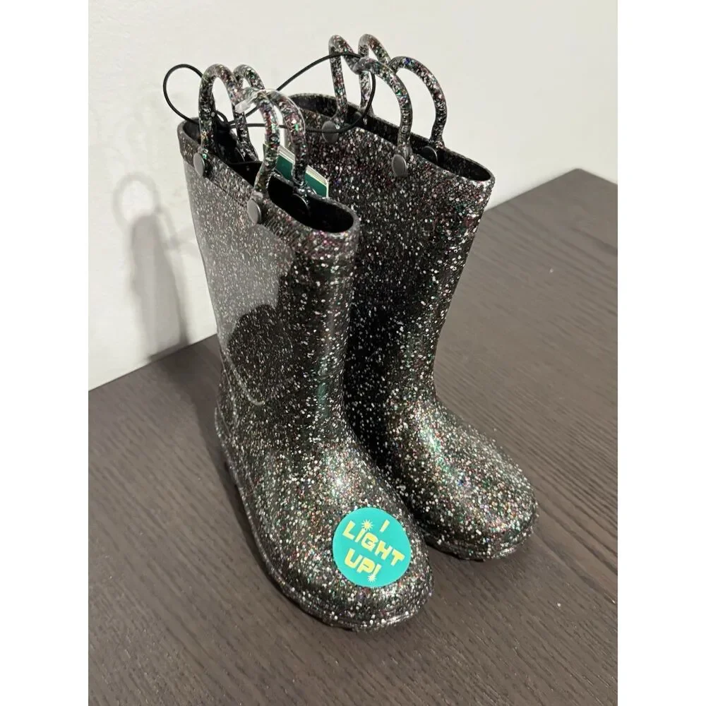 Western Chief Girls Glitter‎ Rubber Pull On Sparkle Rain Boots 8 NEW Light Up